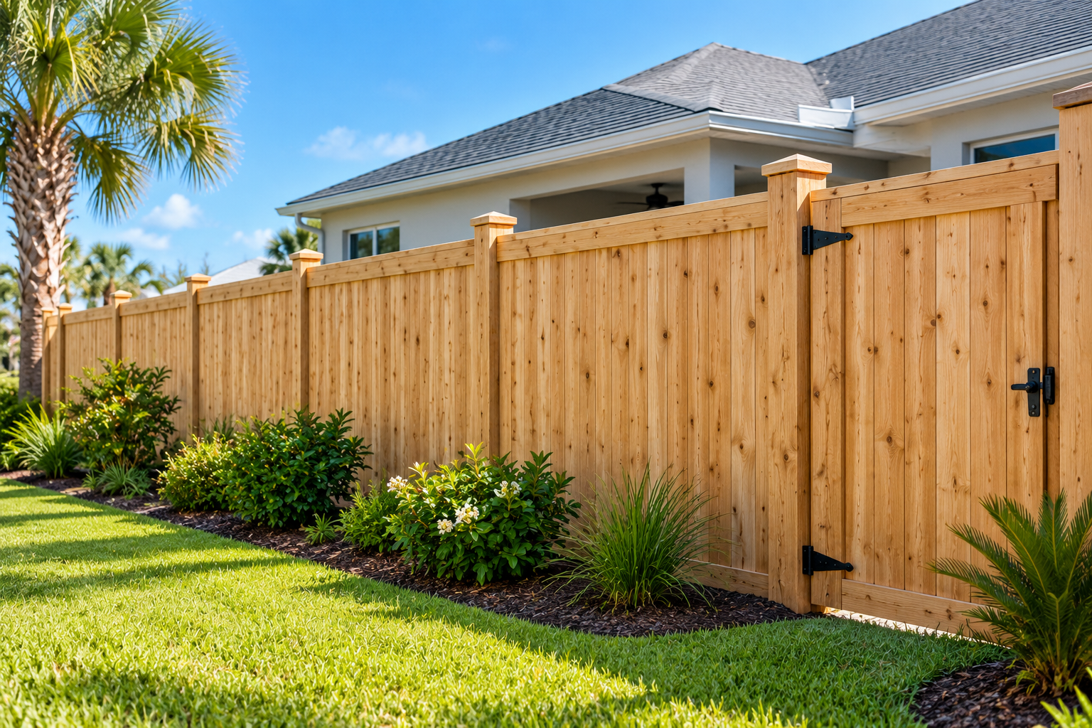 Wood fence installation for a residential property in Panama City, Florida.